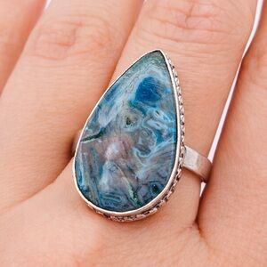 Sterling Silver Blue Chalcedony Moss Agate Teardrop Statement Ring Size 8.5